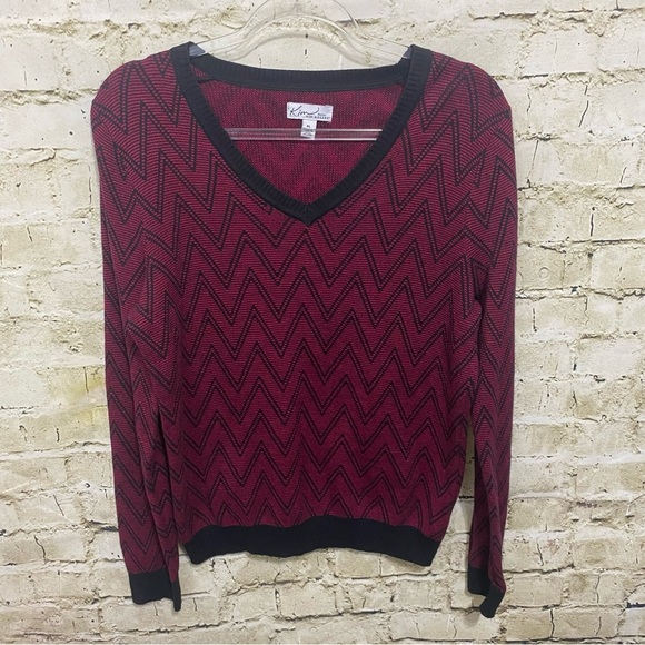 NWT Kim Rogers Burgundy Black Cotton V Neck Sweater - Picture 1 of 4